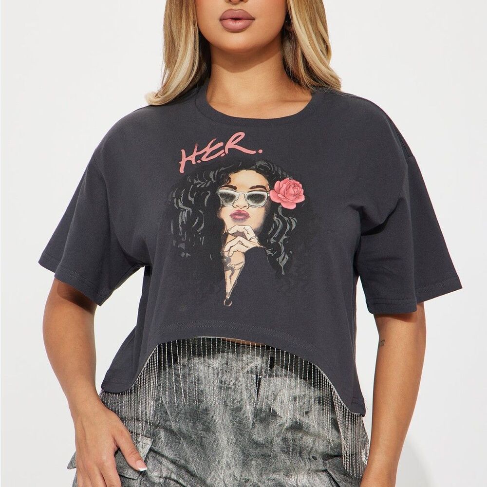 H.E.R. Fashion Nova Fringe Graphic Tee Black Size S R&B Hip Hop T Shirt